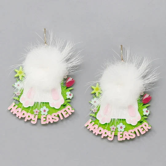 Happy Easter Bunny Pom Acrylic Earrings