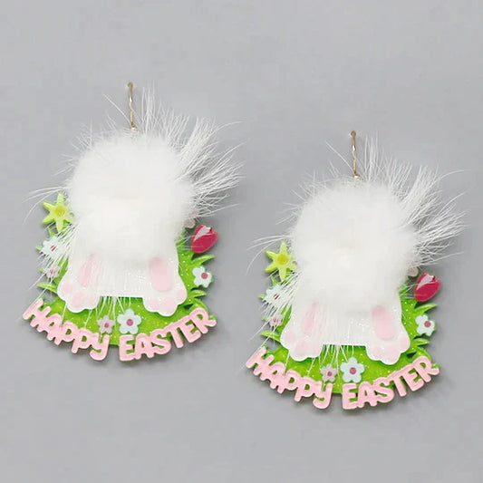 Happy Easter Bunny Pom Acrylic Earrings