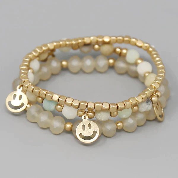 Smiley Face Charm Beaded Stretch Bracelet Set