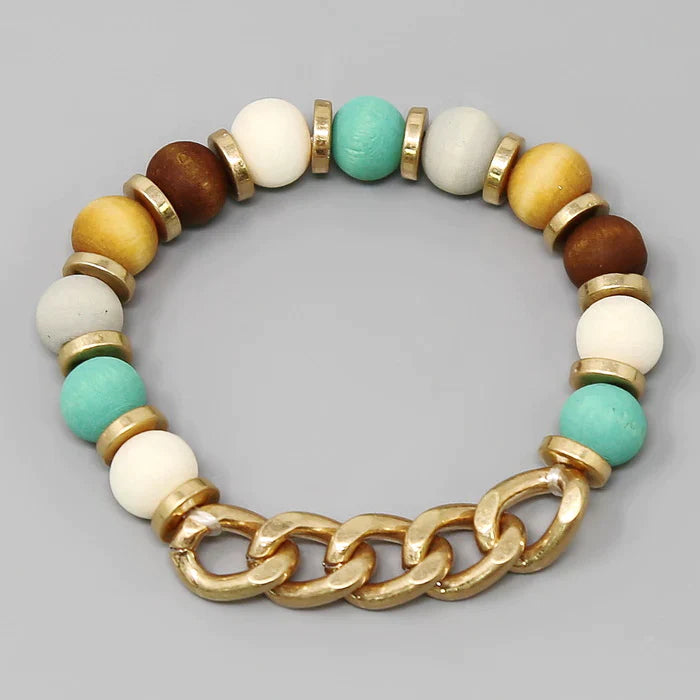 Wood Bead And Linked Chain Stretch Bracelet