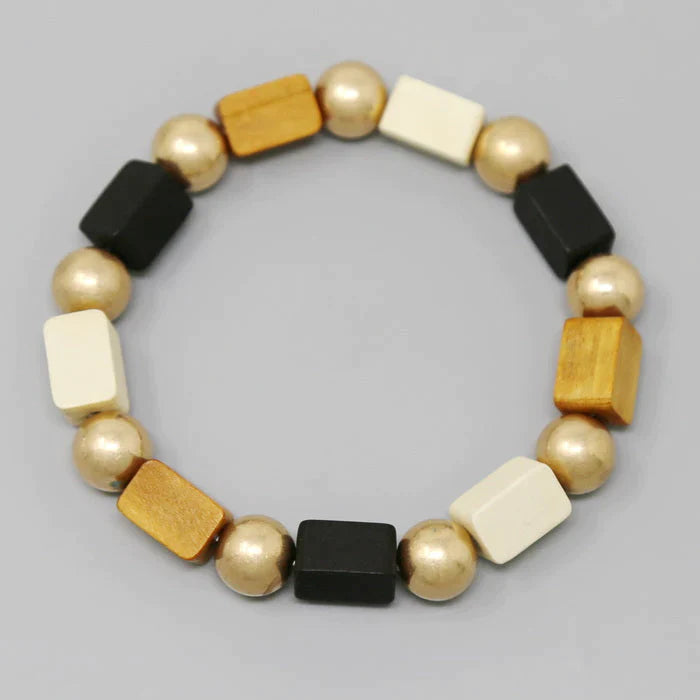 Wooden Cube And Metal Ball Stretch Bracelet