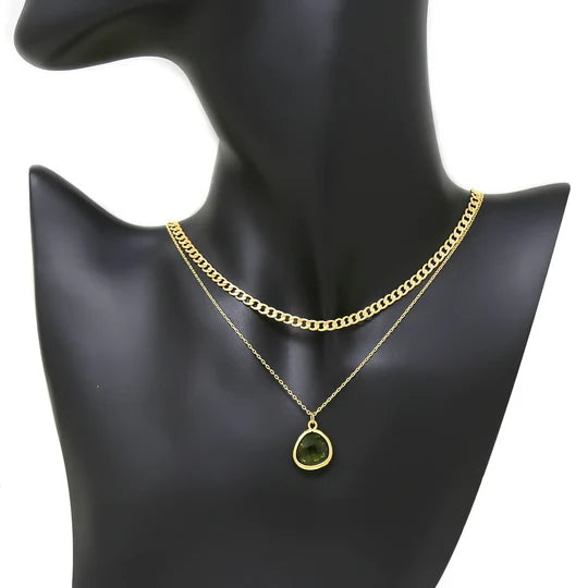 Glass Stone Pendant Layered Chain Necklace Set