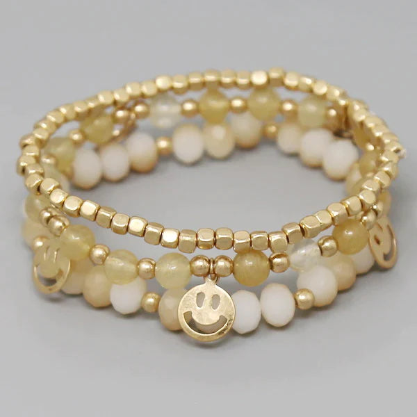 Smiley Face Charm Beaded Stretch Bracelet Set