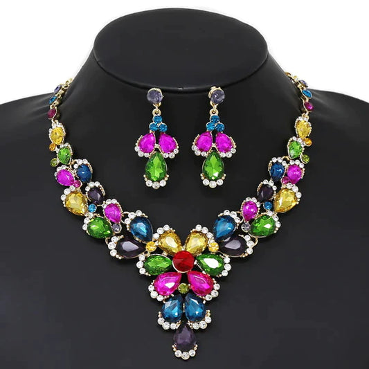 Flower Glass Stone Statement Necklace Set