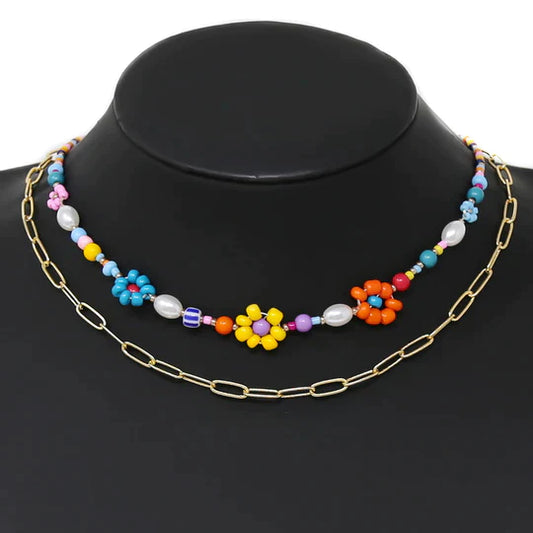 Flower Seed Beaded Layered Necklace