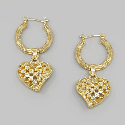 Puffed Heart Charm Hoop Earrings