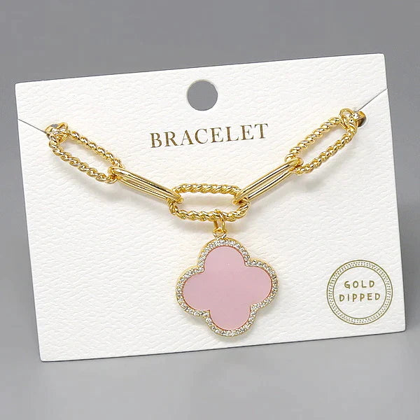 CZ Trimmed Quatrefoil Charm Gold Dipped Chain Bracelet