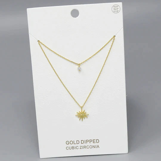 Starburst And CZ Stone Pendant Gold Dipped Layered Necklace