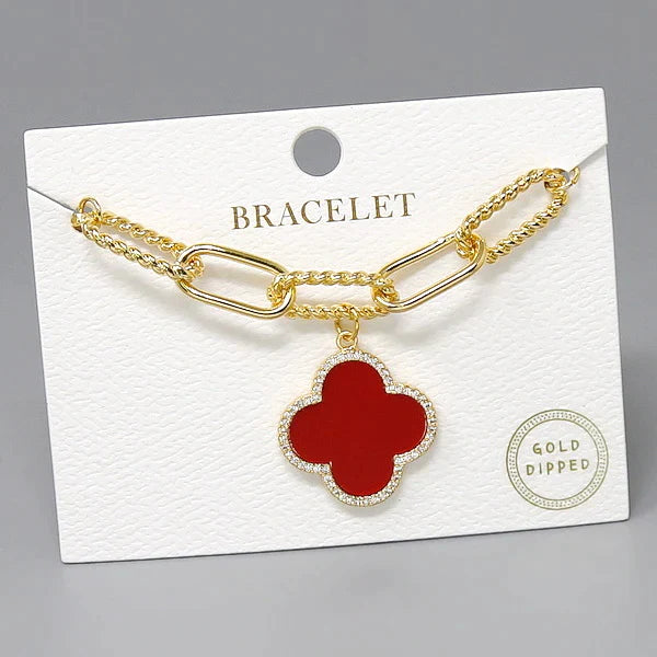 CZ Trimmed Quatrefoil Charm Gold Dipped Chain Bracelet