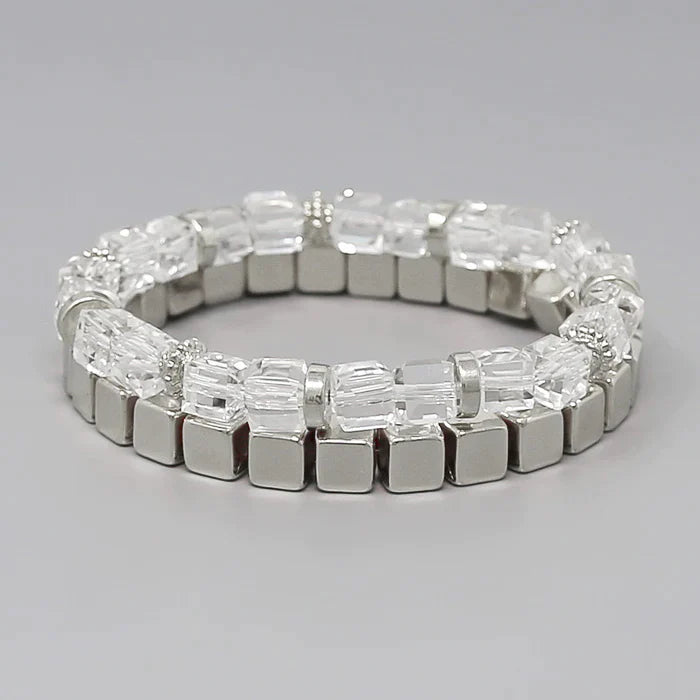 Glass & Metal Cube Beaded Stretch Bracelet Set