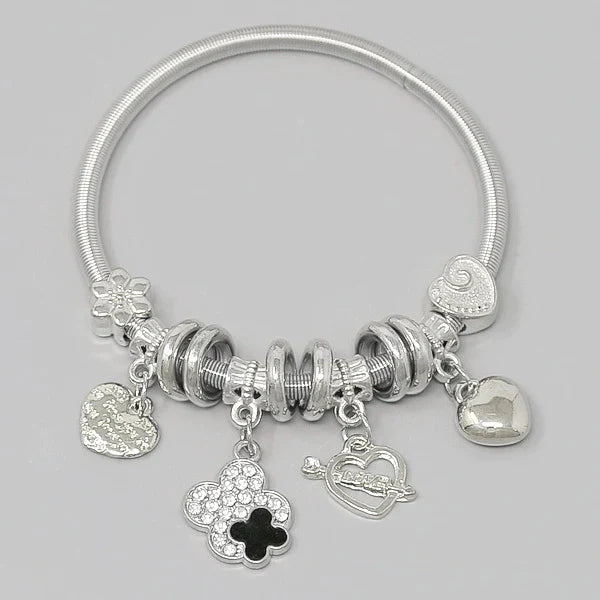 Heart And Quatrefoil Sliding Charm Spring Bracelet