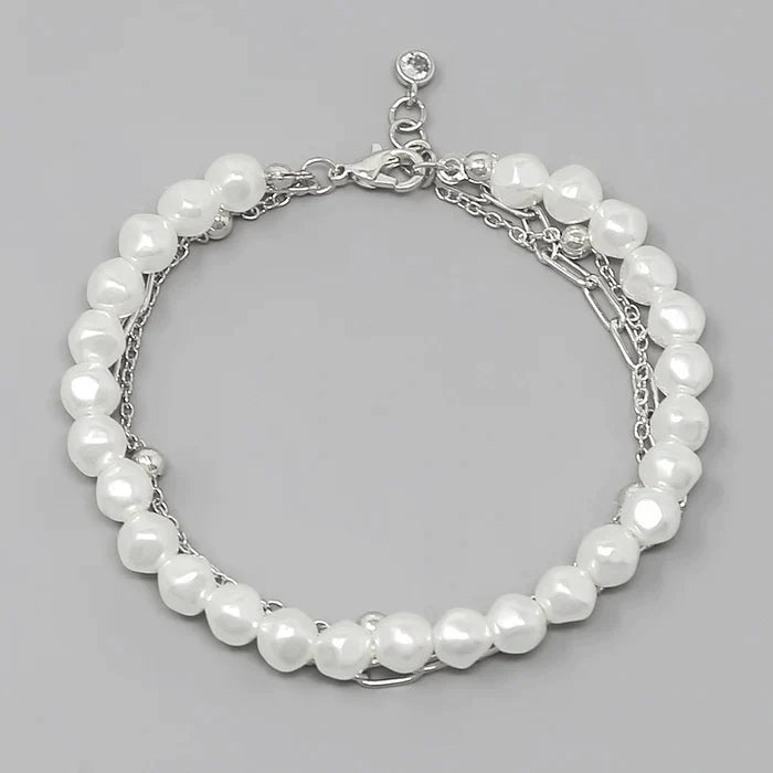 Pearl And Chain Triple Strand Gold Dipped Bracelet