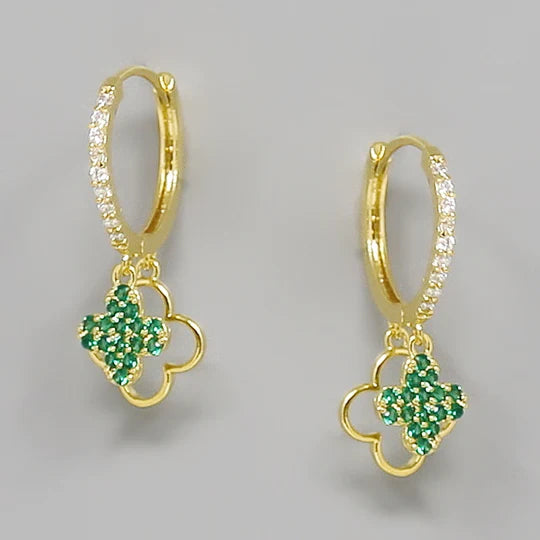 Clover Charm CZ Pave Huggie Hoop Earrings