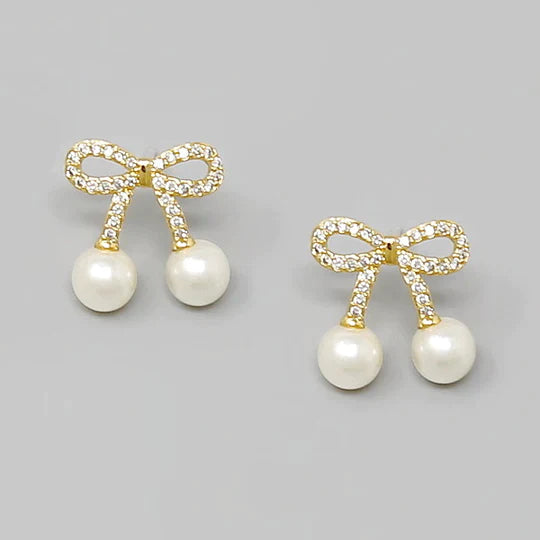 Bow CZ Pave Pearl Deatil Stud Earrings