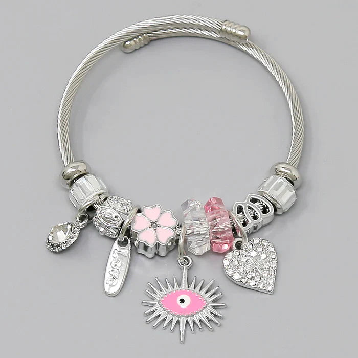 Evil Eye & Heart Multi Charm Textured Bangle Bracelet