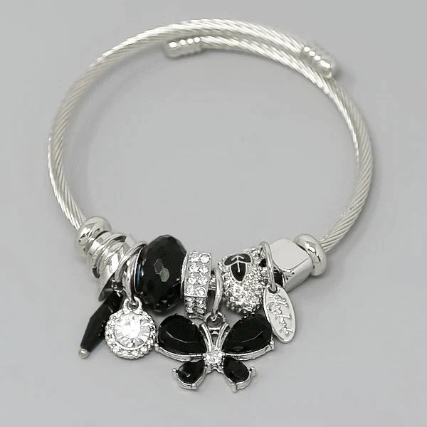 Butterfly Multi Charm Textured Bangle Bracelet