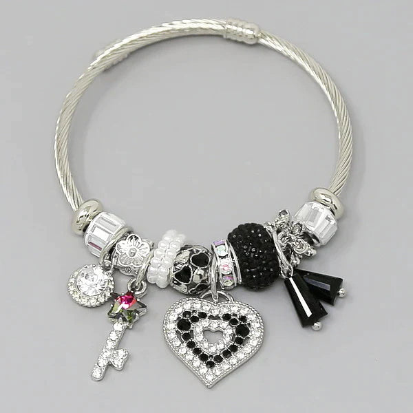 Key & Heart Multi Charm Textured Bangle Bracelet