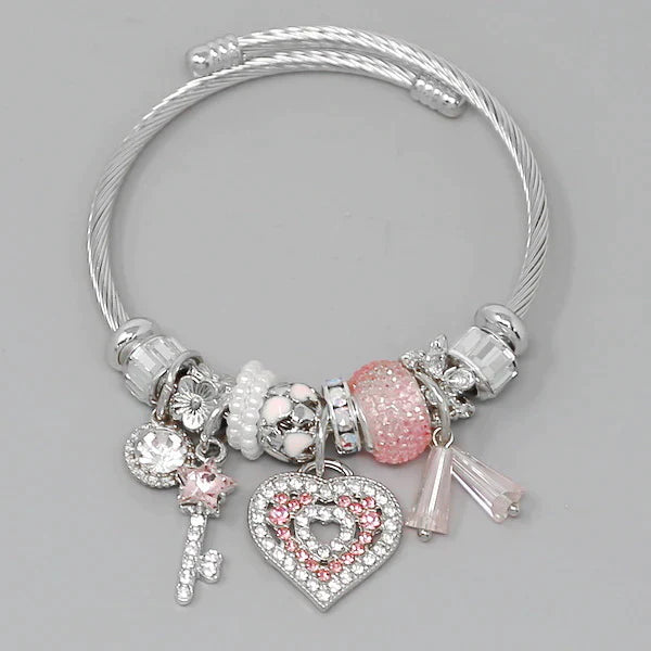 Key & Heart Multi Charm Textured Bangle Bracelet