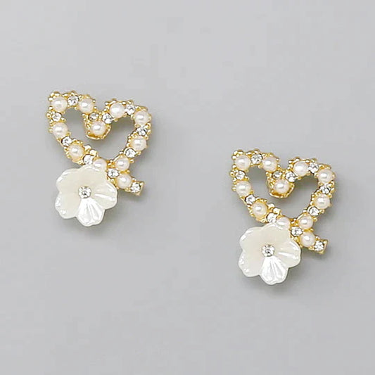 Pearl And Stone Pave Heart With Flower Stud Earrings