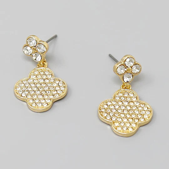 Quatrefoil Glass Stone Pave Dangle Earrings