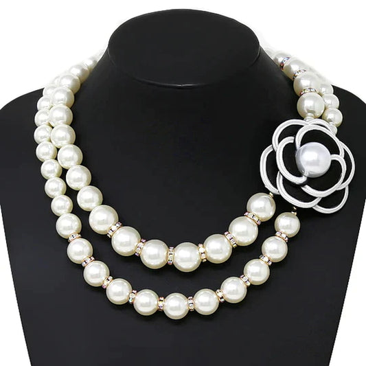 Camelia Flower Detail Pearl Beaded Layered Necklace