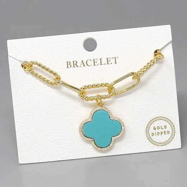 CZ Trimmed Quatrefoil Charm Gold Dipped Chain Bracelet