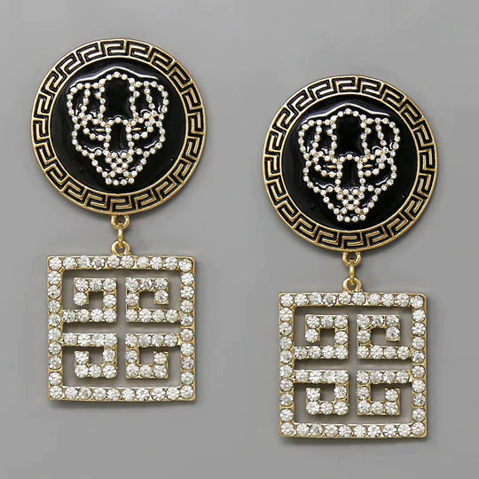 Lion Head Greek Pattern Glass Stone Pave Earrings