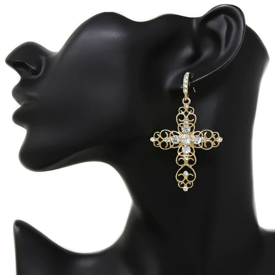 Glass Stone / Pearl Embellished Cross Earrings