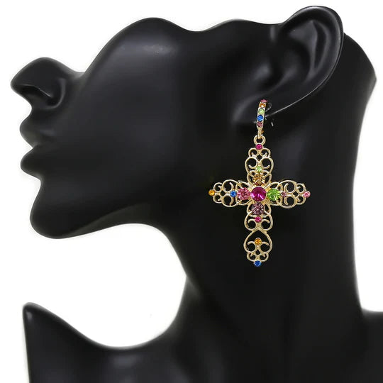 Glass Stone / Pearl Embellished Cross Earrings