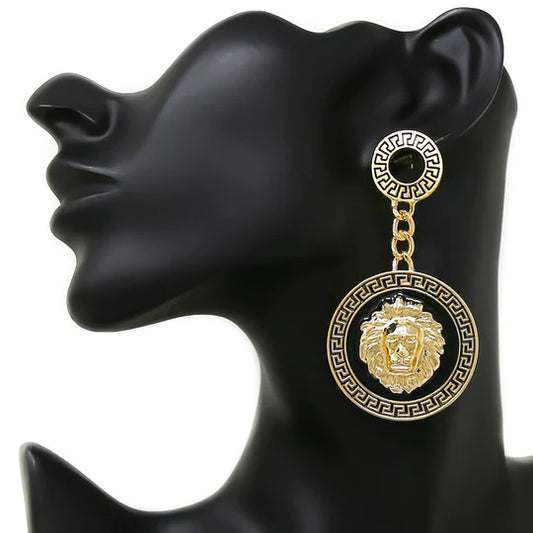 Lion Head Enamel Disc Drop Earrings