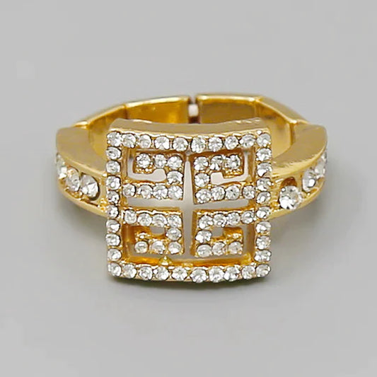 Glass Stone Pave Greek Pattern Stretch Ring